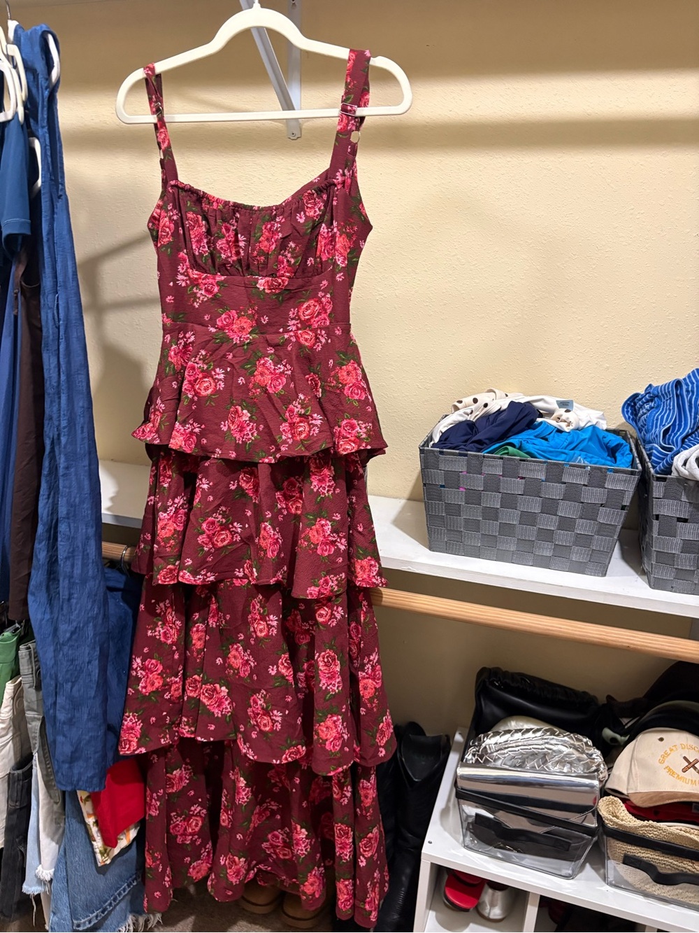 Altar'd State Burgundy Floral Tiered Maxi Dress